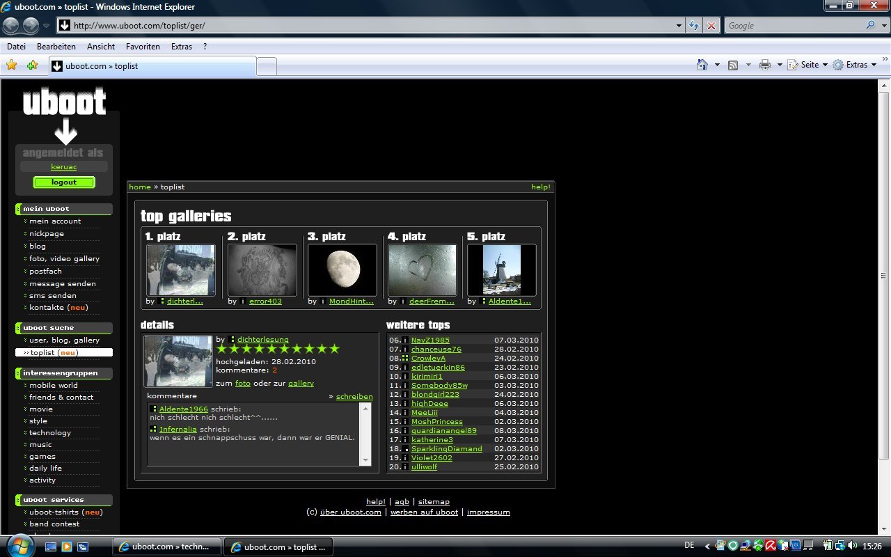 dichterlesung ver&ouml;ffentlichte das Photo mit Ophelia aus der MomaSchlange mit dem Einverst&auml;ndnis des Photographen Kim Hartley in ihrer Gallery im uboot und belegte im M&auml;rz 2010 tagelang mit dem Photo den ersten Platz im uboot-Fotowettbewerb.