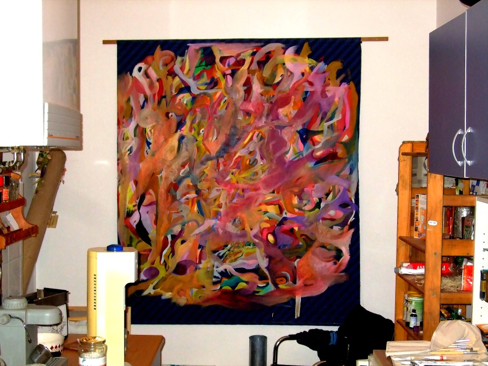 Noch nicht zu Ende gemaltes Ölgemälde in der Wohnung von Kim Hartley in der Küche. Photo: Kim Hartley.