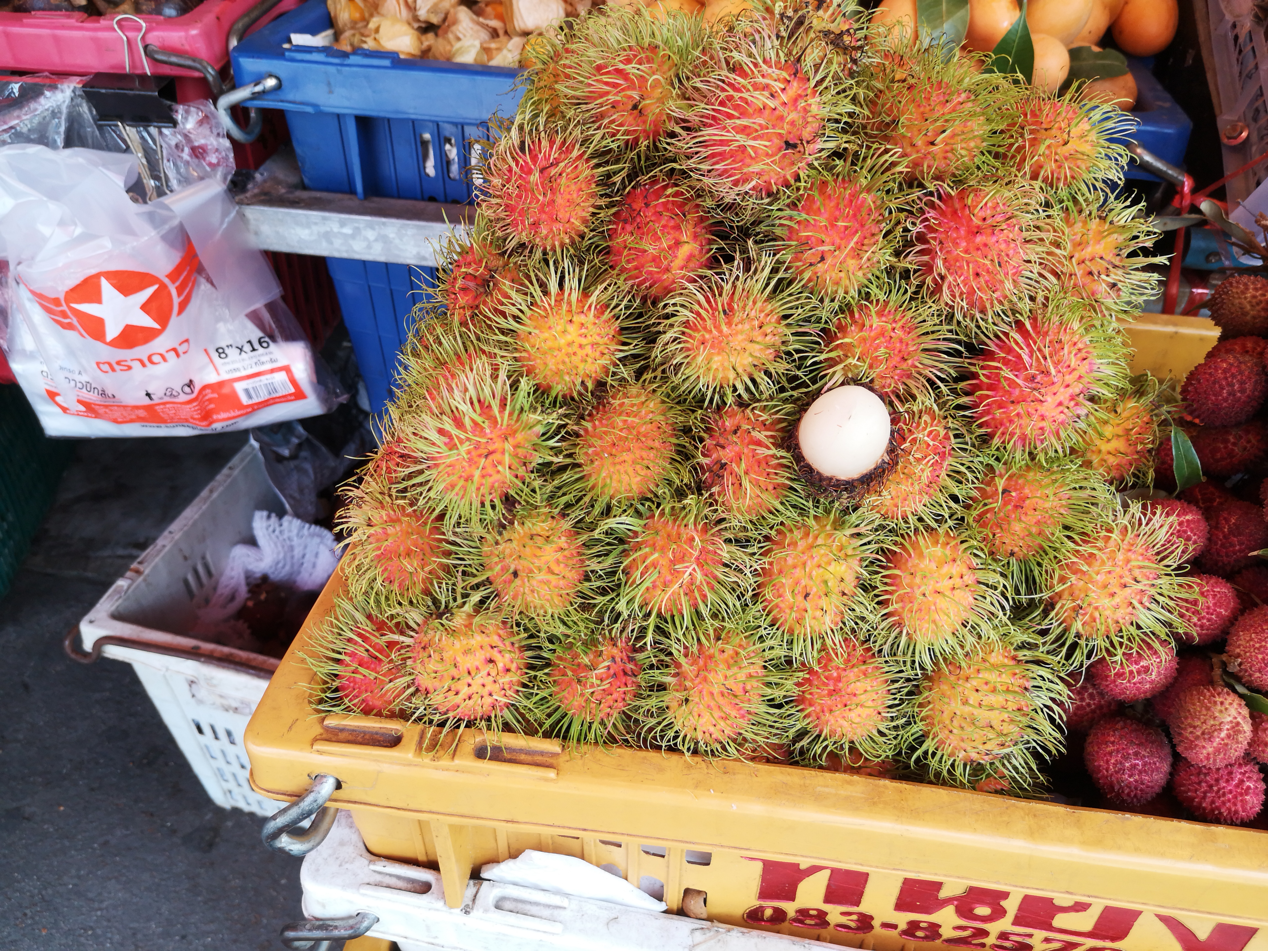 Farbfoto von einem Marktstand mit frischen Rambutan in Pattaya in Thailand im April des Jahres 2025. Fotograf: Erwin Thomasius.