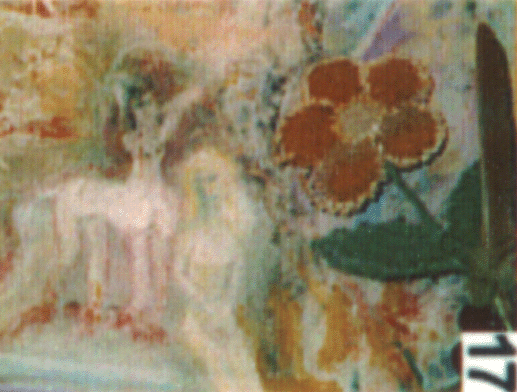 Eine weiße Centaurin auf einem von Ralf Splettstößer gemalten Gemälde in Ralfs Wohnung im Bezirk Friedrichshain in Berlin im Jahr 2004.