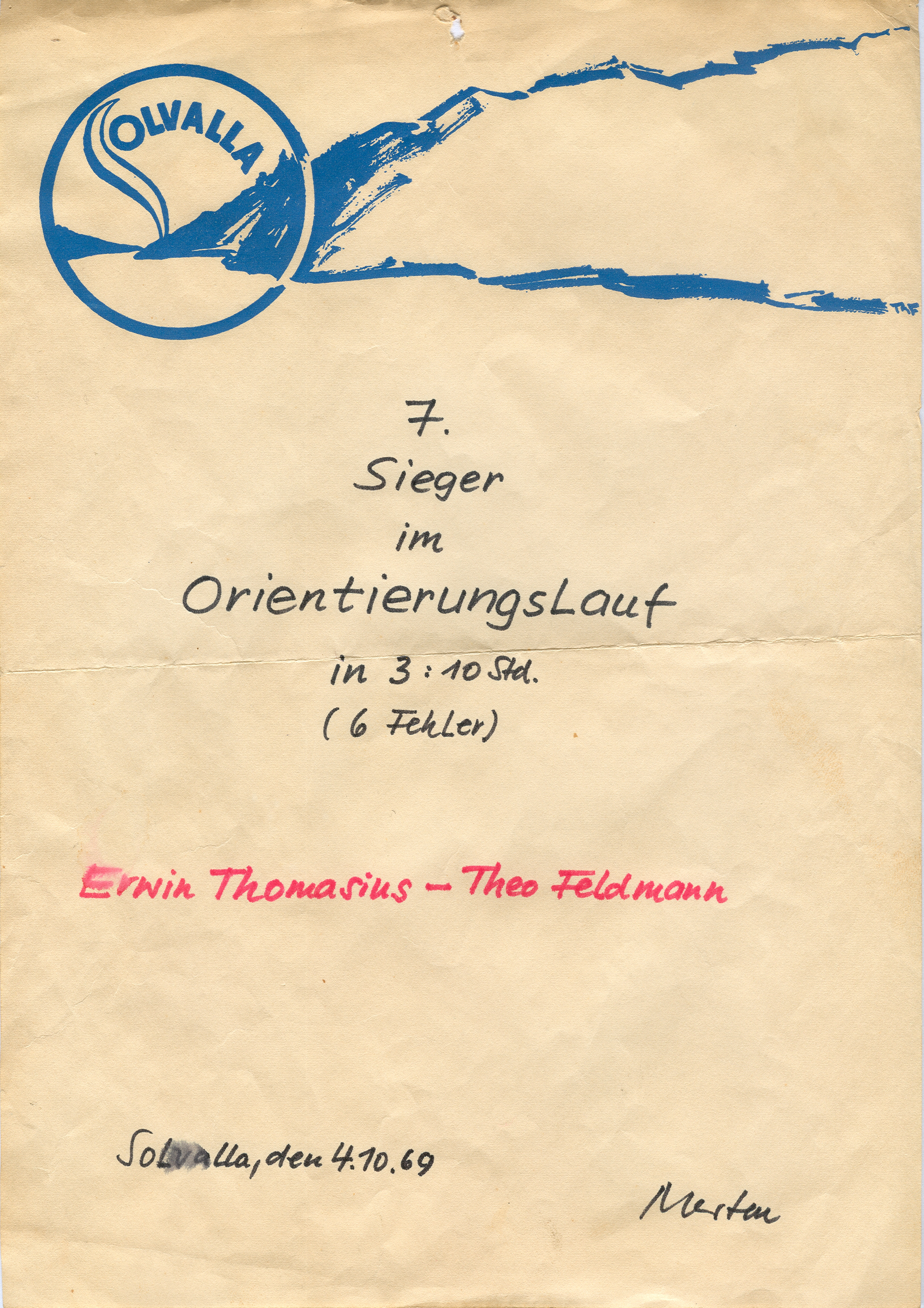 Urkunde für die 7. Sieger im Orientierungslauf in Solvalla in Finnland im Jahre 1969